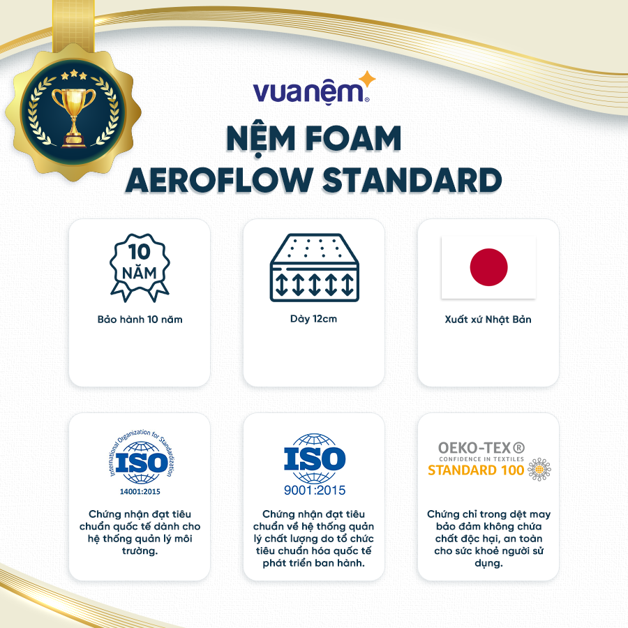 Nệm Foam Nhật Bản cao cấp Aeroflow Standard mềm mại, êm ái, nâng đỡ tối đa, thoáng khí cao - Cảm hứng từ giấc ngủ