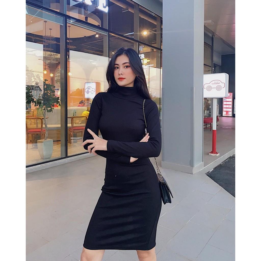 Đầm body tay dài cổ lọ vải dày dặn