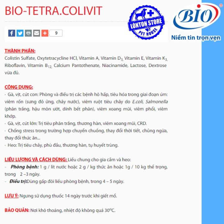 Bio Tetra Colivit - Chuyên dùng úm gà vịt, e.coli, viêm rốn, gói 100gr,