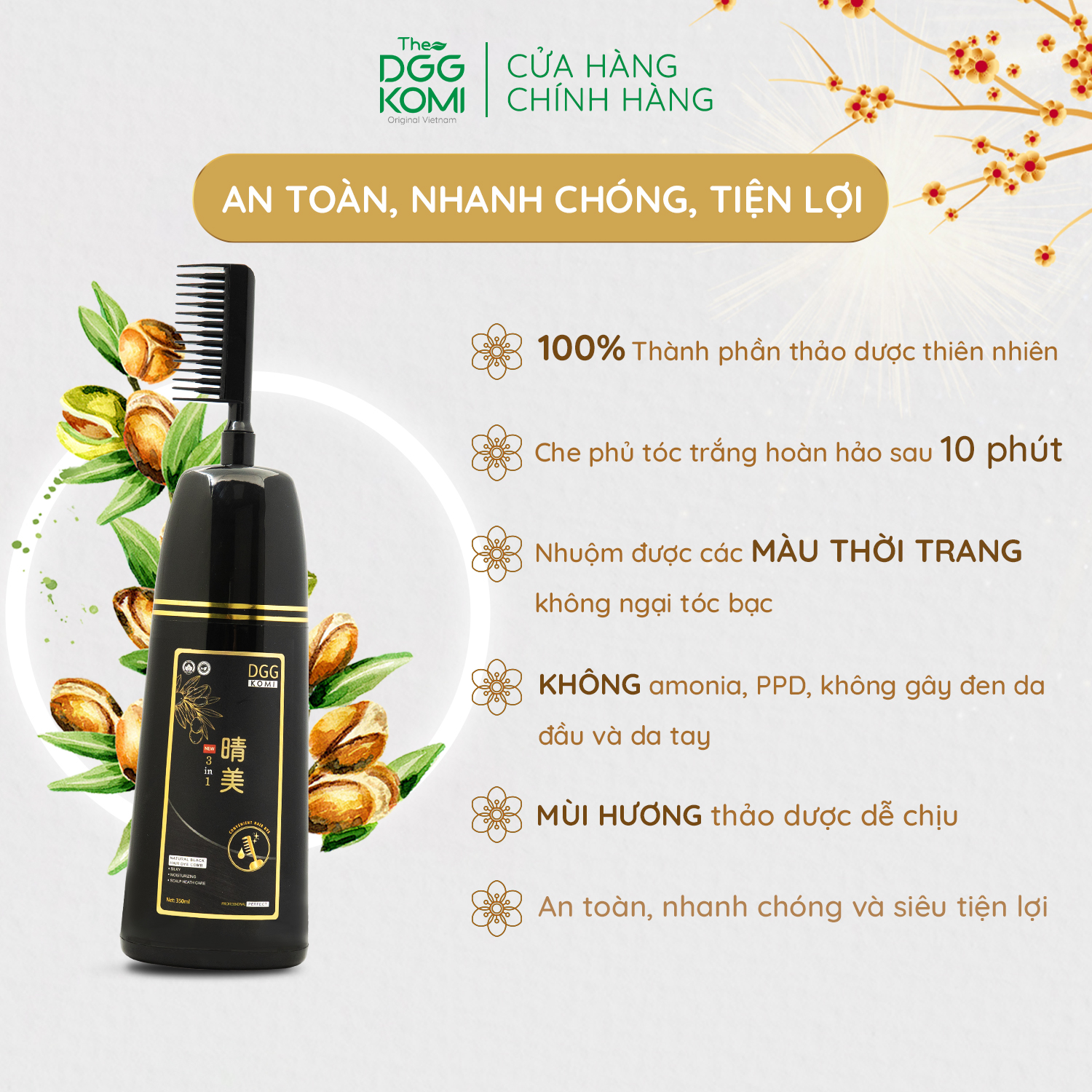 Lược nhuộm tóc thảo dược DGG KOMI Việt Nam nhuộm tóc bán vĩnh viễn chiết xuất thiên nhiên dạng chai 350ml