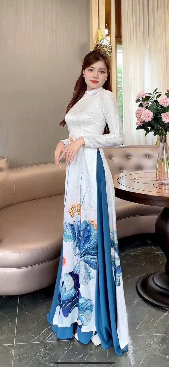 SÉT ÁO DÀI VẢI GẤM IN HOA SEN KÈM QUẦN