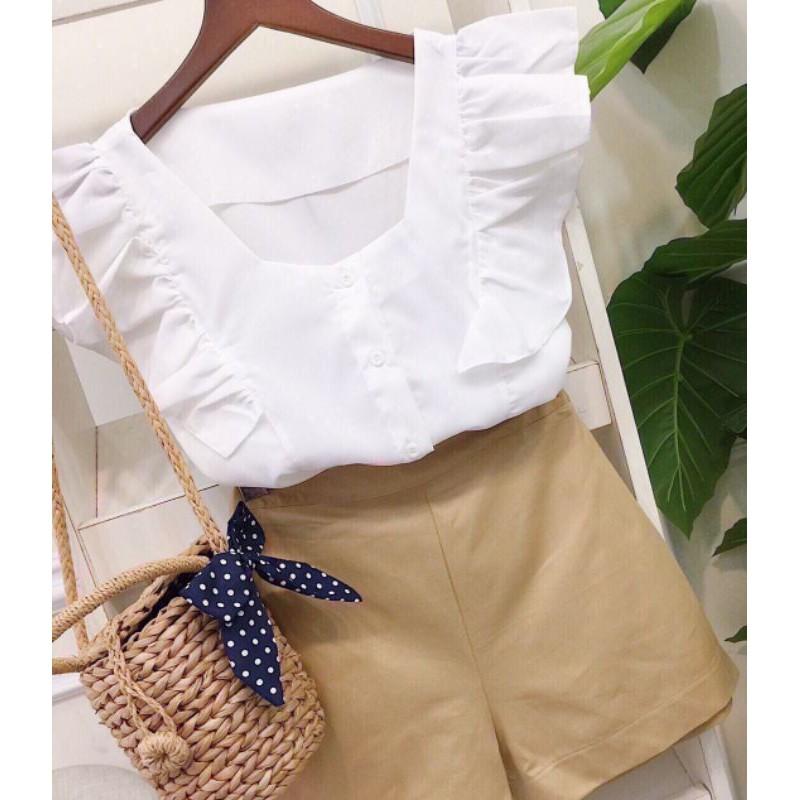 Set đồ bộ nữ áo màu trắng kiểu cánh tiên kèm quần đùi đi tiệc, đi chơi
