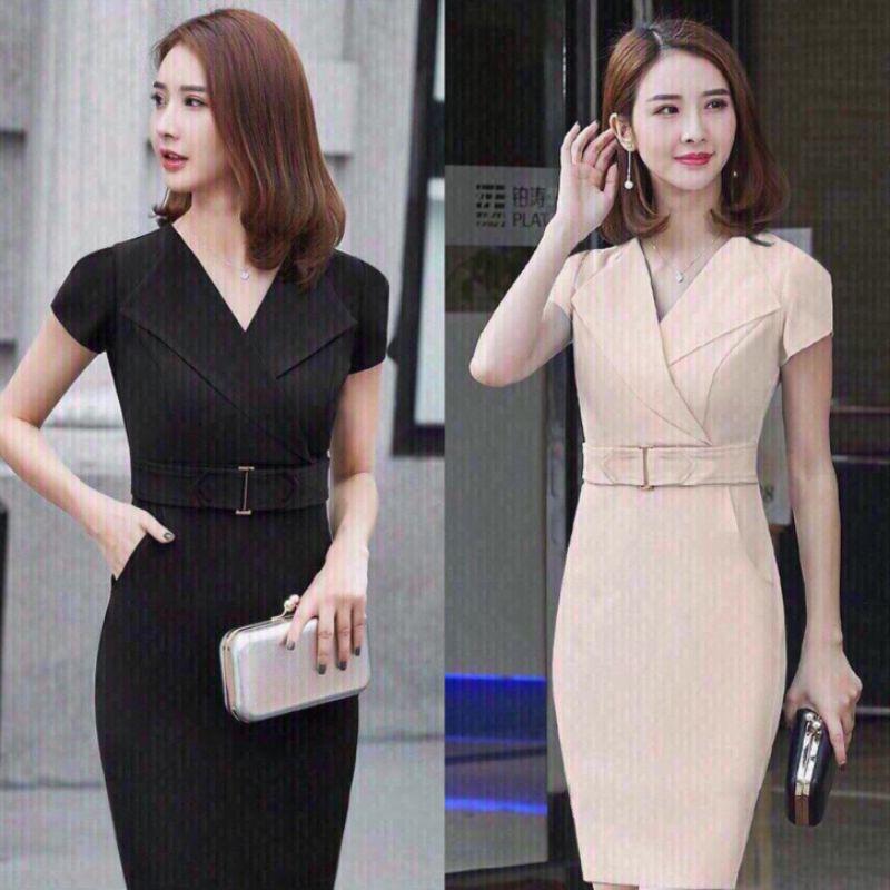 Đầm Body cổ vest tay ngắn eo phối belt Cao Cấp