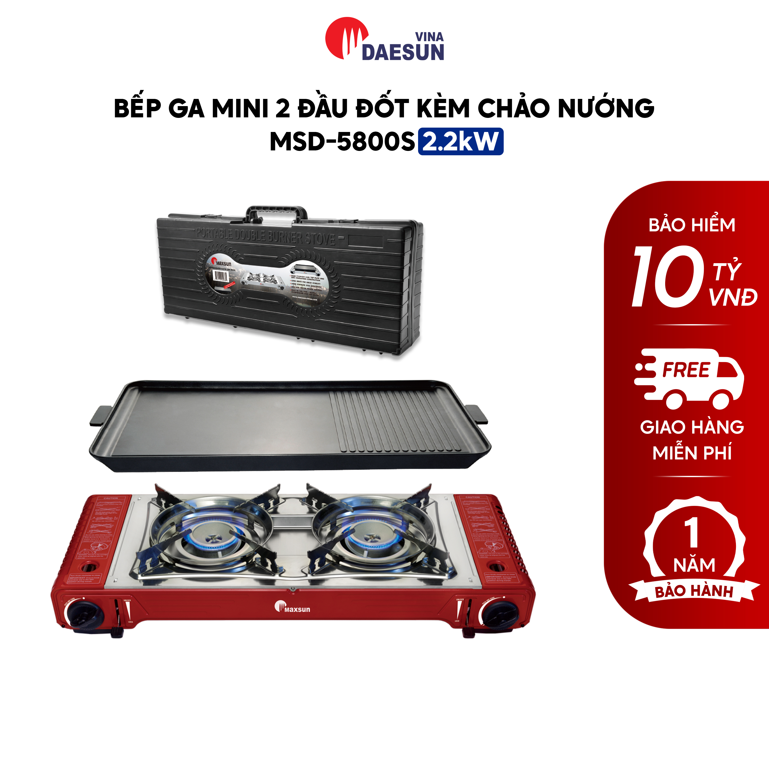 Bếp Ga Mini Maxsun MSD-5800S - Công Suất 2200W | Hai Đầu Đốt | Chảo Nướng Chống Dính | Hàng Chính Hãng