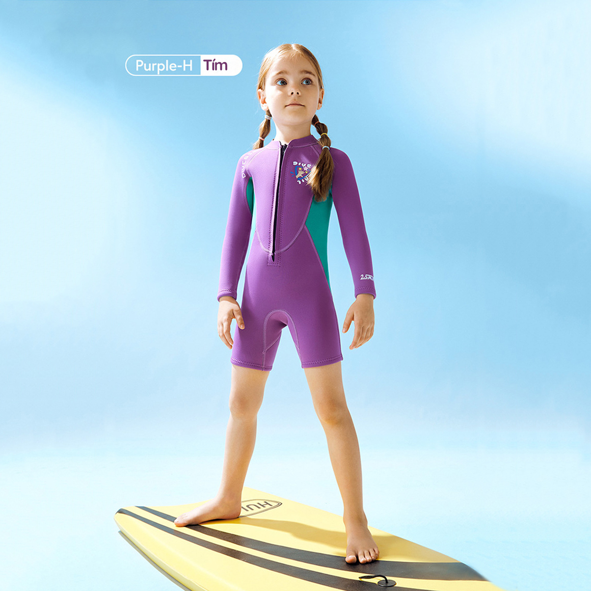 Đồ bơi giữ nhiệt cho bé gái tay dài chống nắng UPF50 chống thấm nước, cao su Neoprene dày 2.5mm bảo vệ tốt cho bé