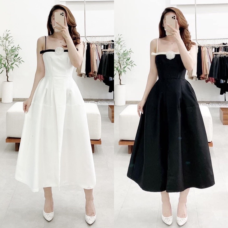 Đầm 2 dây xẻ đùi kèm tag hoa chất tafta sang chảnh