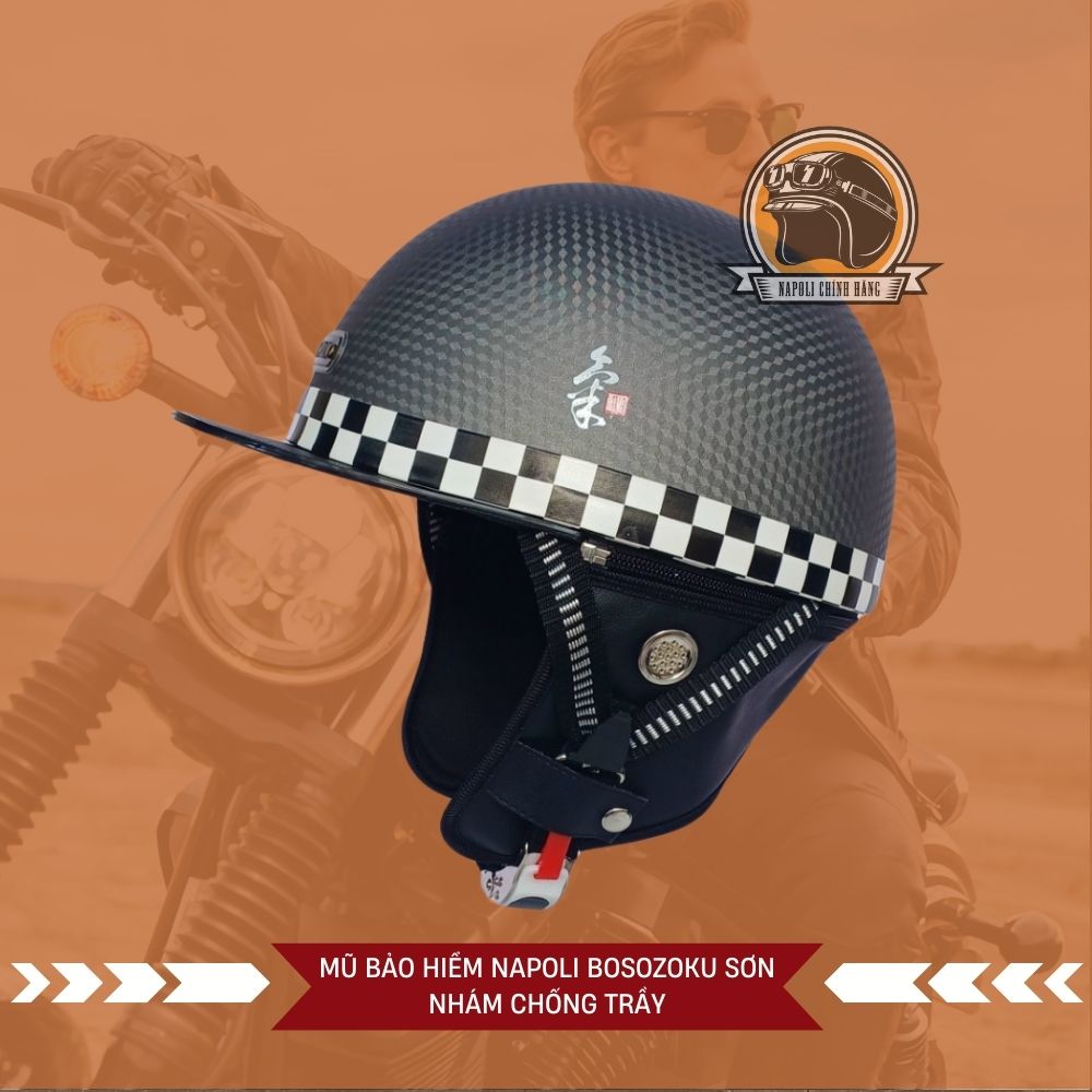 Mũ Bảo Hiểm Napoli Nửa Đầu [FREESHIP][CHÍNH HÃNG] Nón Bảo Hiểm 1/2 Napoli Bosozoku Japan Carbon Nhám