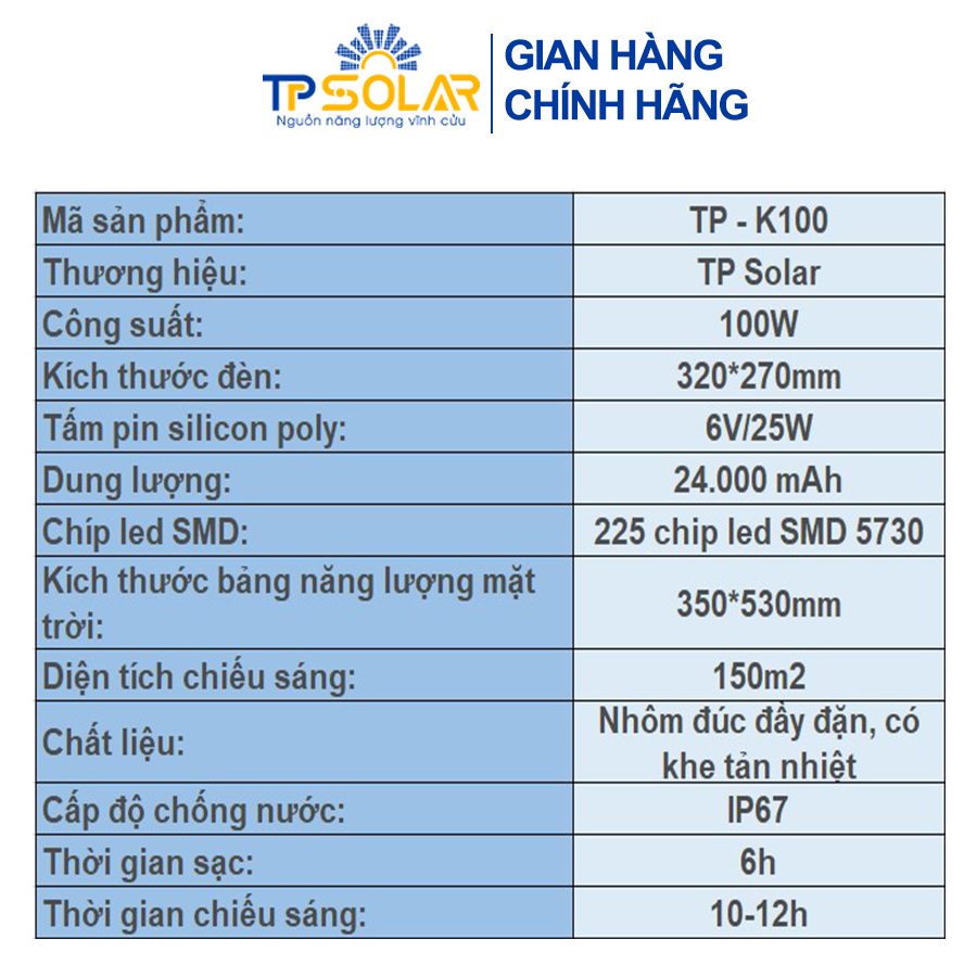 Đèn Pha Led Năng Lượng Mặt Trời TP Solar TP-K100 100W Siêu Sáng, Bảo Hành 3 Năm