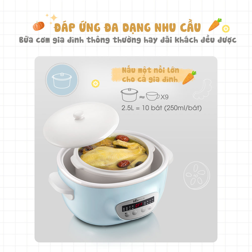 Nồi Nấu Chậm đa năng cao cấp Bear DDZ-C25E1 Dung tích 2.5L Hàng chính hãng