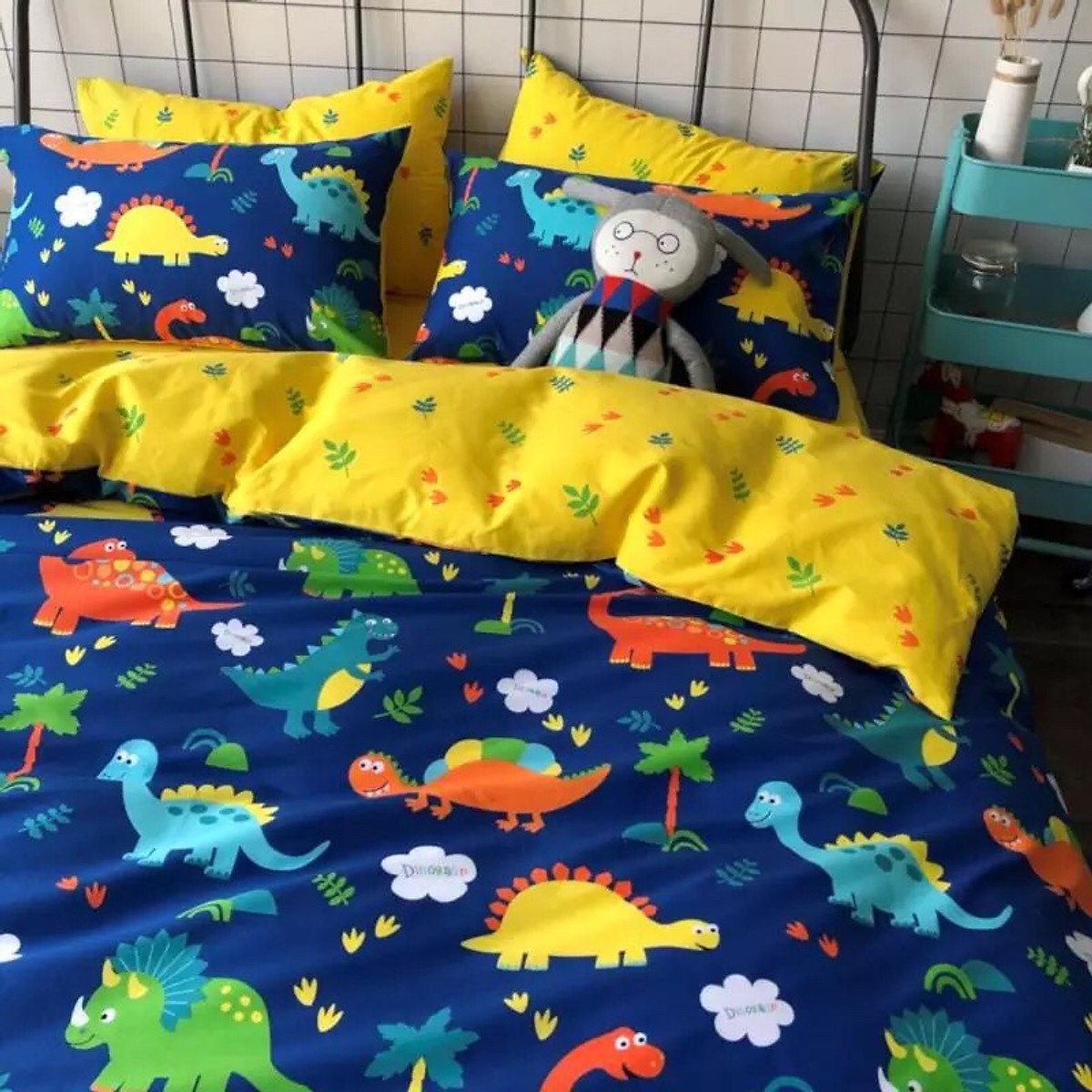 Bộ chăn ga gối cotton cao cấp PL1 - Khủng Long - Tặng kèm 1 móc khóa Houston