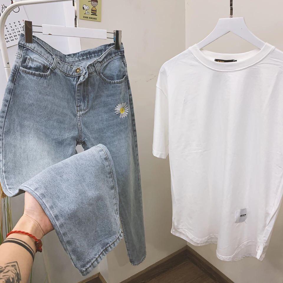 Được Kiểm Hàng Trước quần Baggy thêu chữ + hoa cúc HÀNG SIÊU CẤP