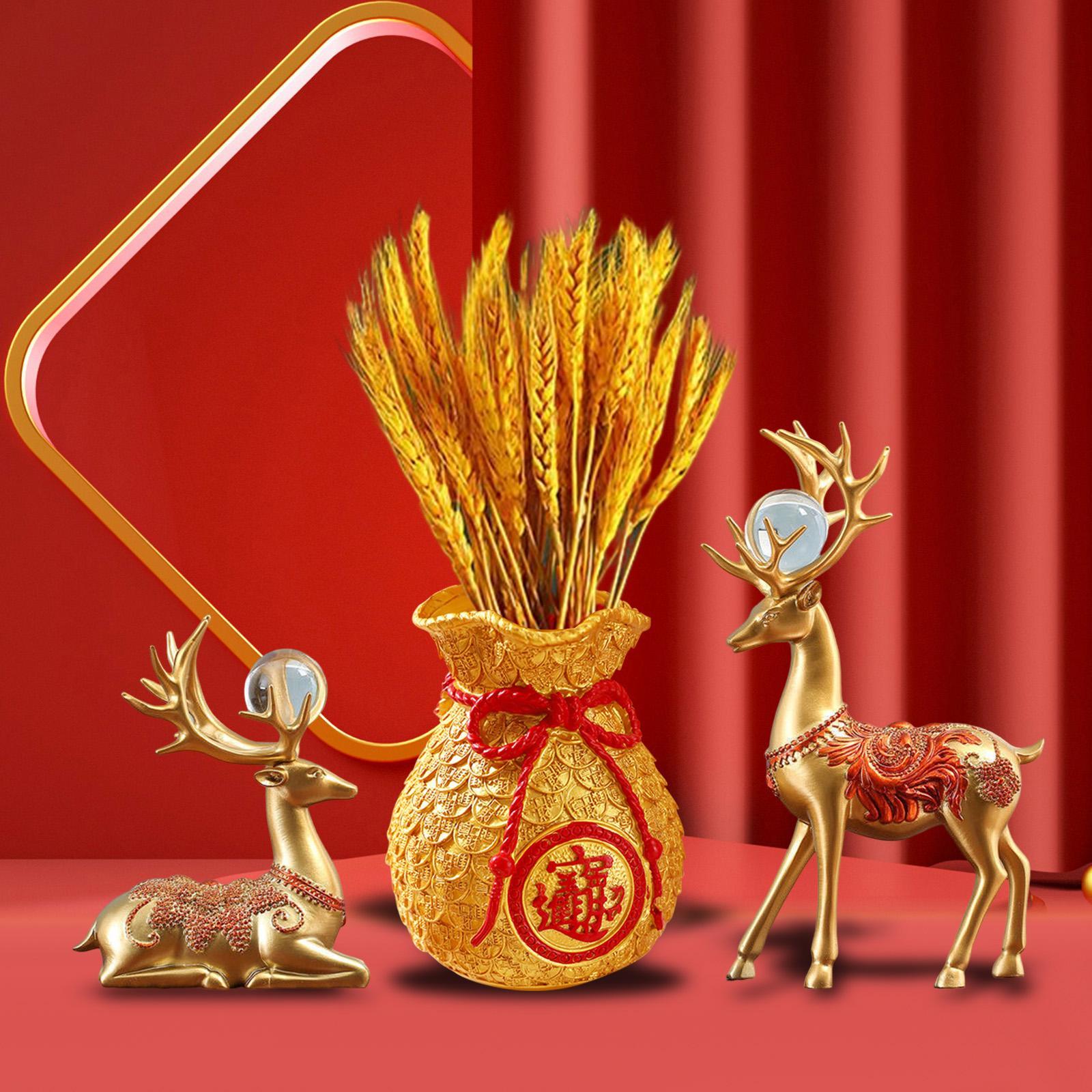 Set 3 Tượng : Túi May Mắn, 2 Tượng Nai Sừng Tấm Trang Trí Nhà Cửa Phòng Khách Năm Mới