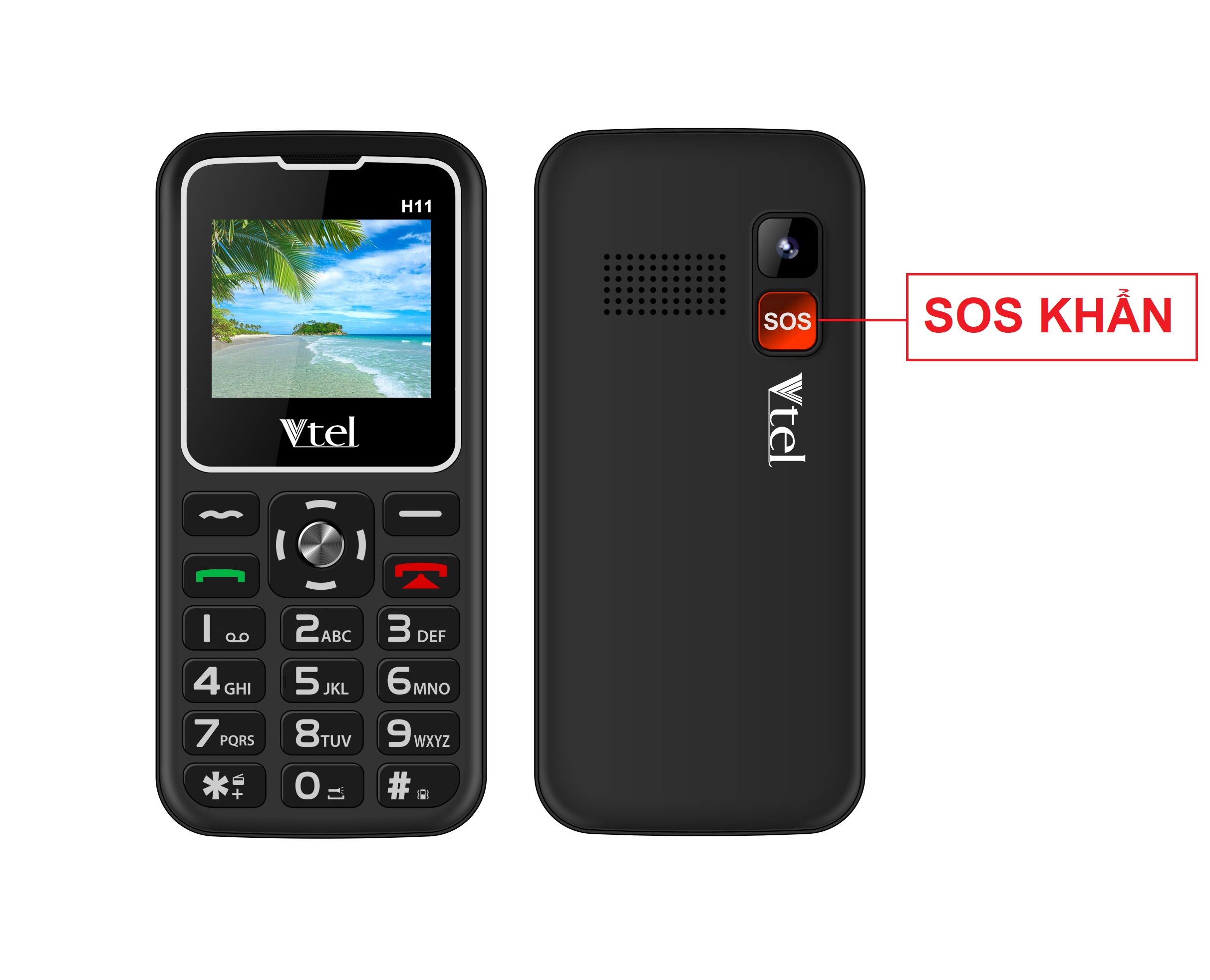 Điện thoại Vtel Happy H11 (Điện thoại cho người già - 2 Sim) - Gọi SOS khẩn,  Số To, Chữ To, Loa to, FM loa ngoài, Pin lớn, Thiết Kế Đẹp - Hàng Chính Hãng