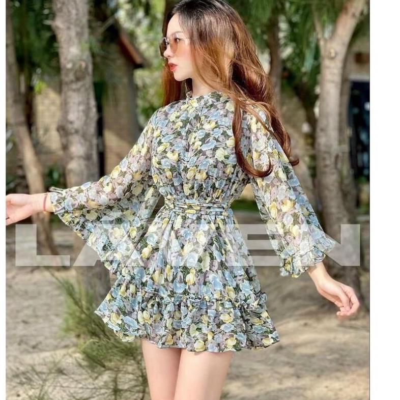 Đầm váy hoa dáng xòe tay loe màu sắc xanh tiểu thư công chúa sang chảnh dự tiệc dạo phố thời trang XM Minh Phúc