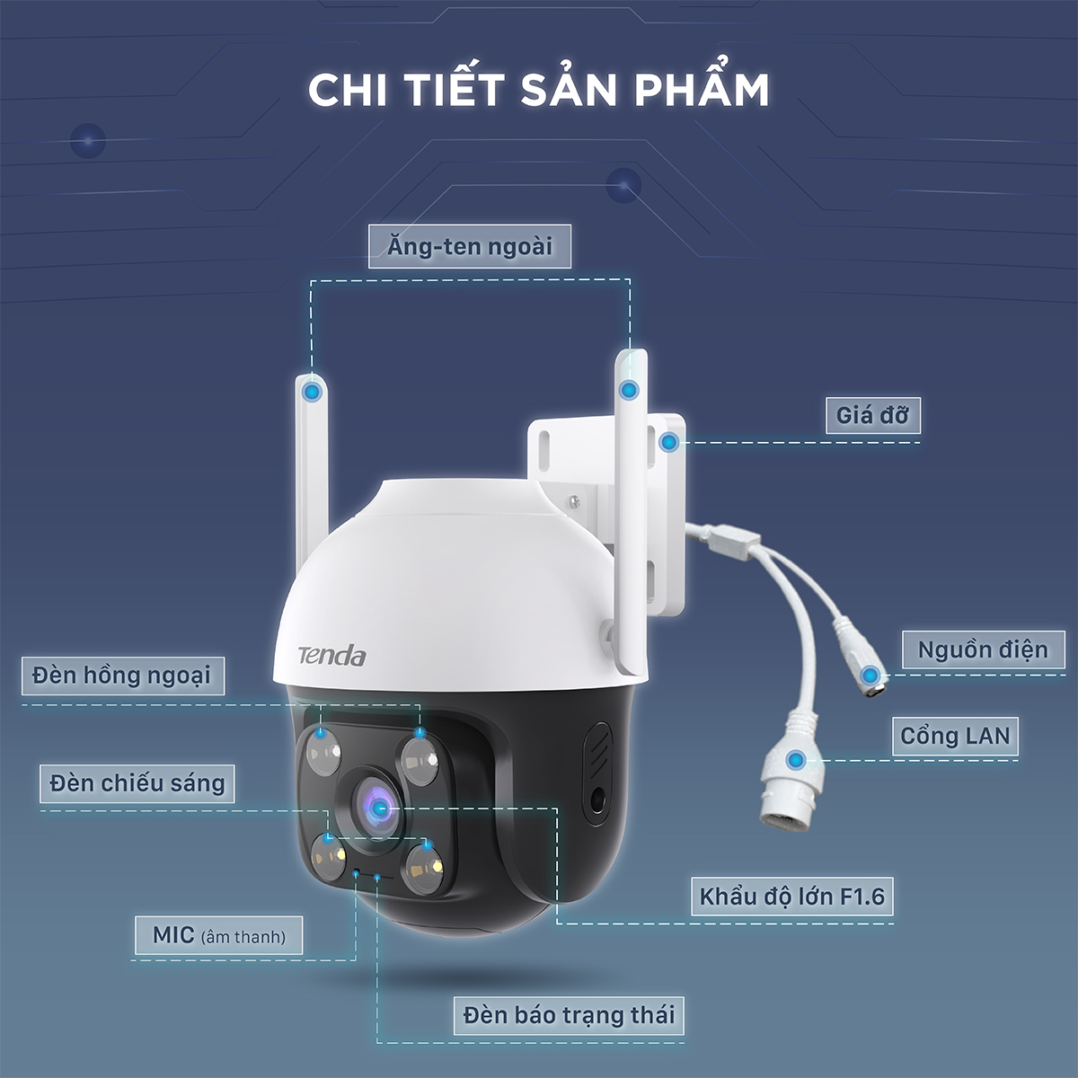 Camera Wifi Ngoài Trời Xoay 360° Tenda CH3 Độ Phân Giải 1080P/2MP đàm thoại 2 chiều, ban đêm có màu - Hàng chính hãng