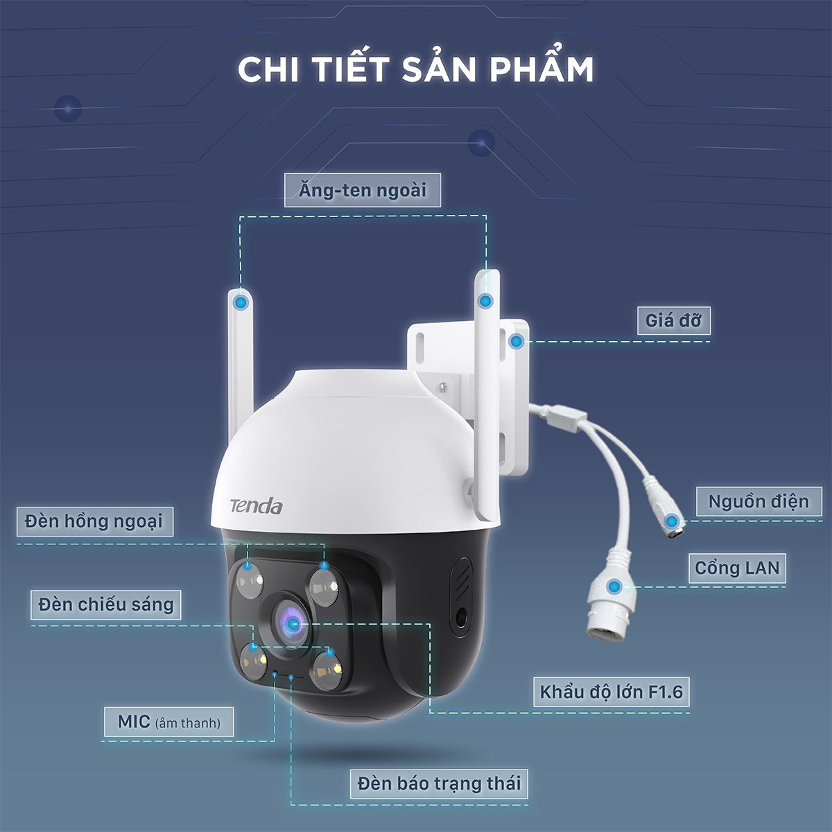 Camera Wifi Ngoài Trời Xoay 360° Tenda CH3 Độ Phân Giải 1080P đàm thoại 2 chiều, ban đêm có màu - Hàng chính hãng