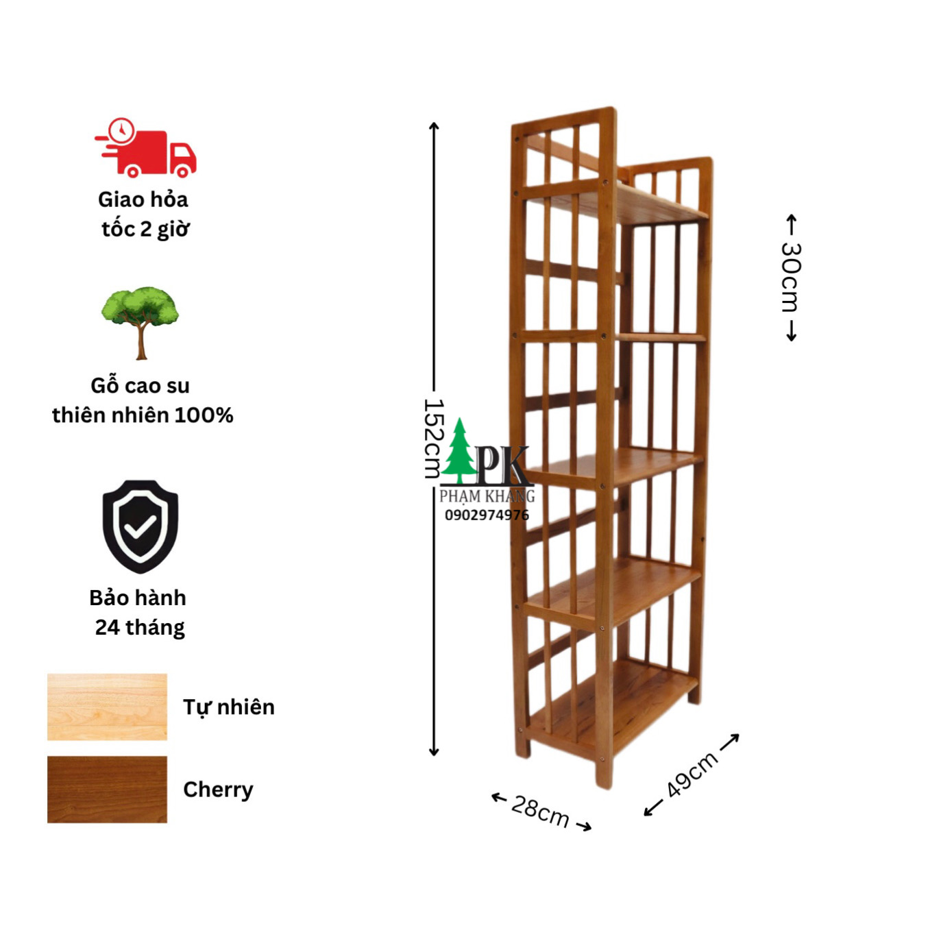 Kệ sách gỗ Phạm Khang 5 tầng rộng 50cm màu vàng cherry