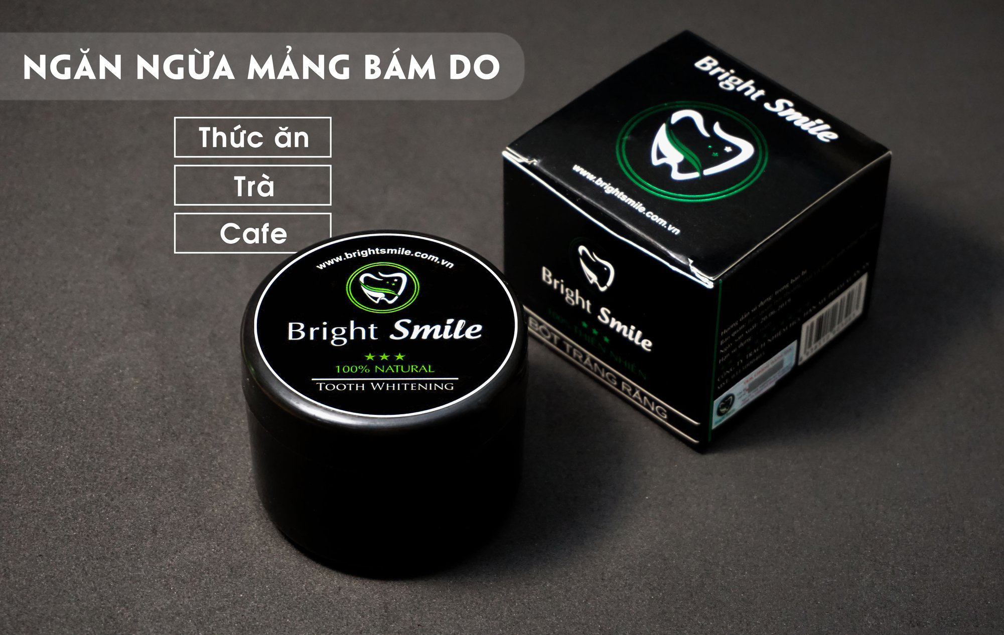 Combo 2 hộp Bột tẩy trắng răng than tre hoạt tính Bright Smile Hũ lớn 100g - Tẩy sạch các vết ố vàng, chắc khỏe răng, hơi thở thơm mát