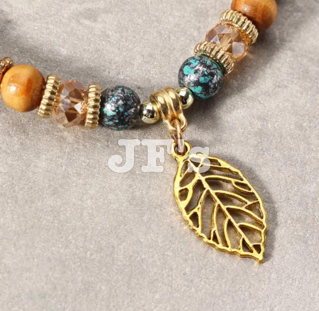 Vòng tay vintage mặt lá dây tua voi, phong cách dân tộc quyến rũ cổ điển, vòng tay cườm dây đàn hồi