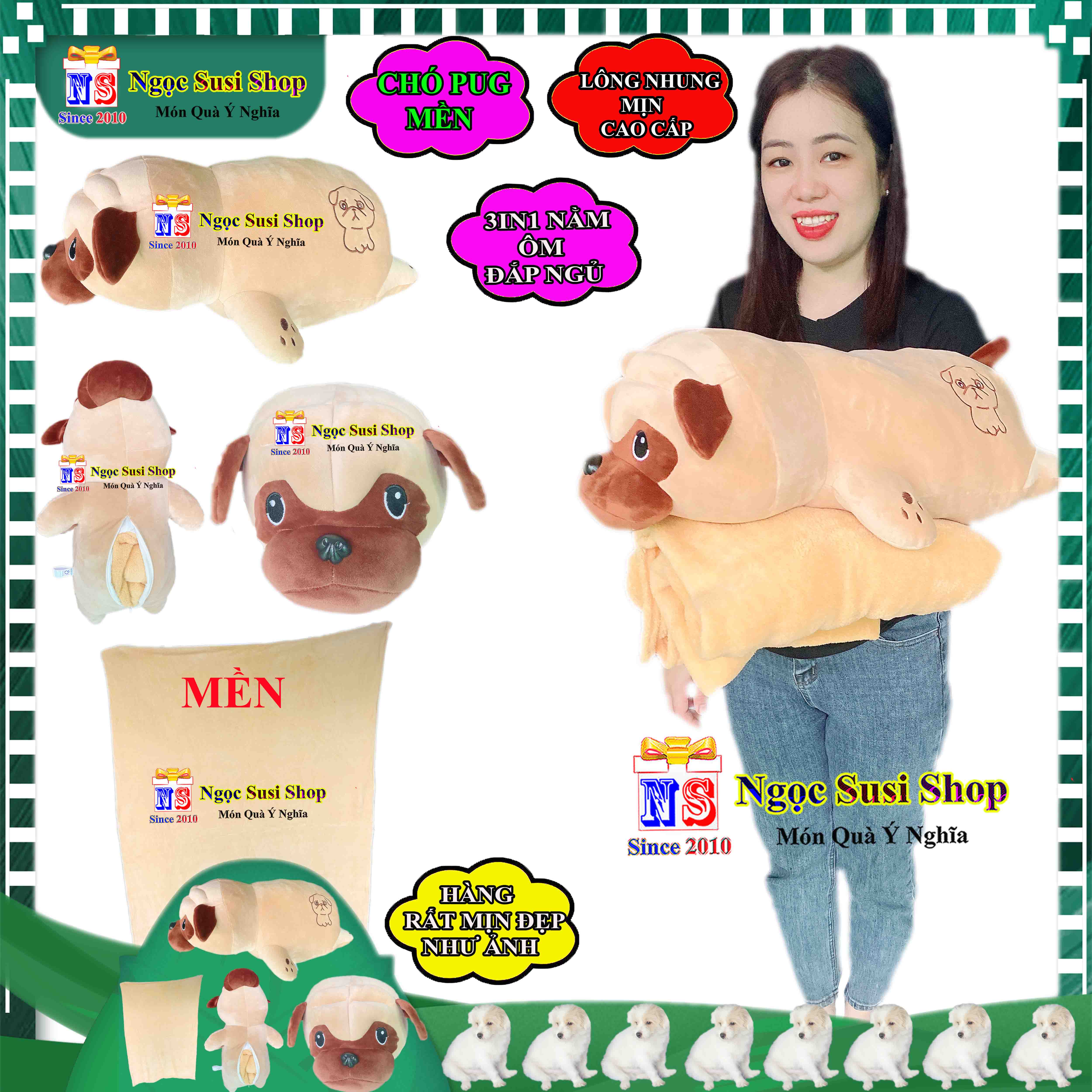 THÚ BÔNG MỀN 3IN1 CON CHÓ PUG NẰM ÔM ĐẮP MỀN NGỦ RẤT ĐẸP - GẤU BÔNG CHÓ PUG MỀN 3IN1