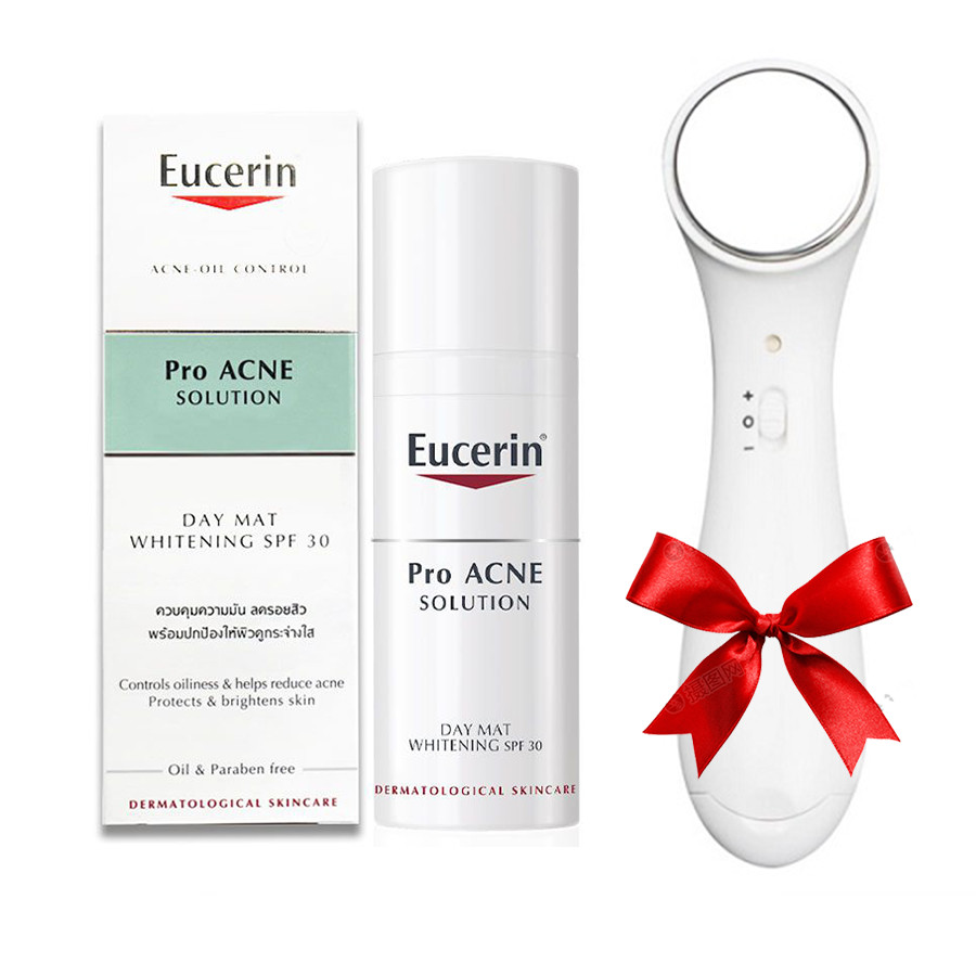 Kem dưỡng giúp giảm mụn, dưỡng trắng da Eucerin ProAcne Day Mat Whitening SPF30 50ml + Tặng máy massage mặt ion