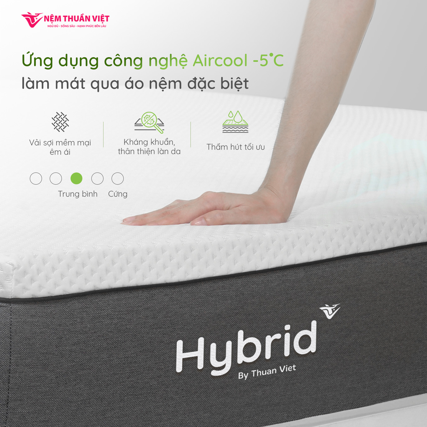 Nệm Foam Latex Thuần Việt Hybrid 20cm - Kết Cấu Đa Tầng, Nâng Đỡ Êm Ái, Bảo Vệ Cột Sống Khỏe, Công Nghệ Trà Xanh Kháng Khuẩn, Khử Mùi
