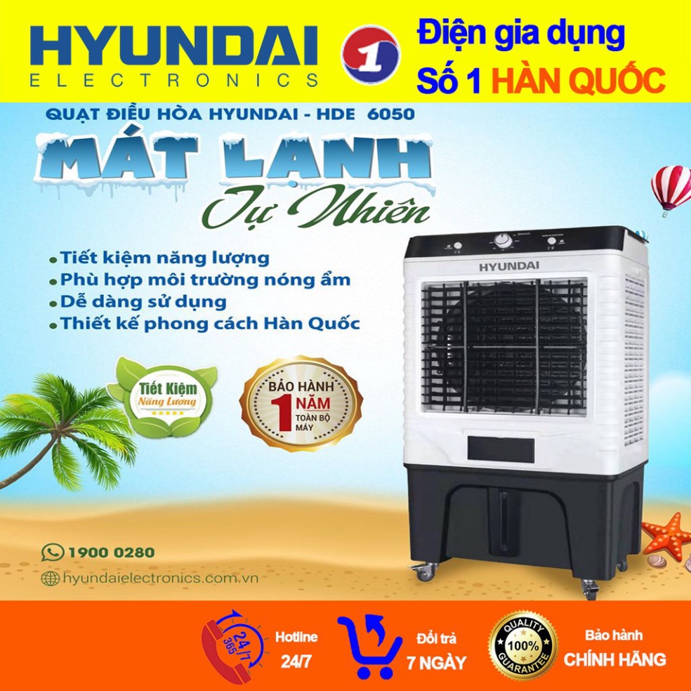 Quạt Điều Hoà Hơi Nước 50L Hyundai HDE 6050, Quạt Điều Hoà Không Khí 3 Chế Độ Gió - Hàng chính hãng