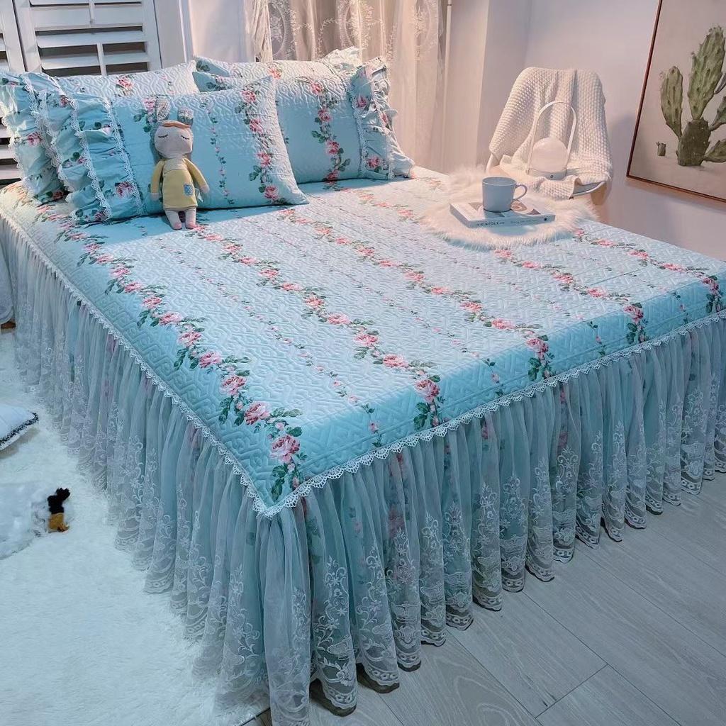 Bộ Ga Gối Phủ Cotton Trần Bông 3 Lớp - Ga Phủ Viền Bèo Đính Ren Công Chúa Hàng Nhập Khẩu