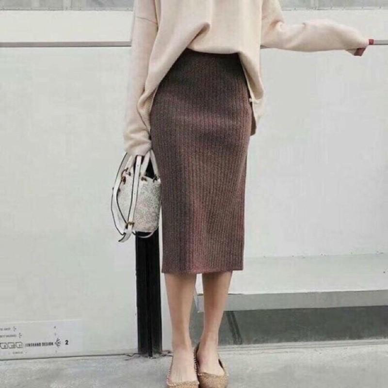 Chân váy midi len Quảng Châu xẻ sau
