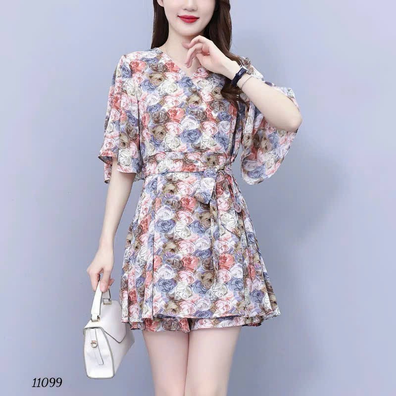 Set bộ lụa hàn dày hoa tay lững nữ quần ngắn mặc nhà dạo phố trẻ trung