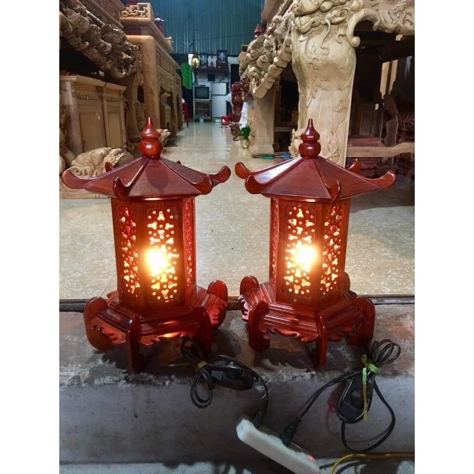 Cặp đèn thờ mái chùa gỗ hương cao 41cm