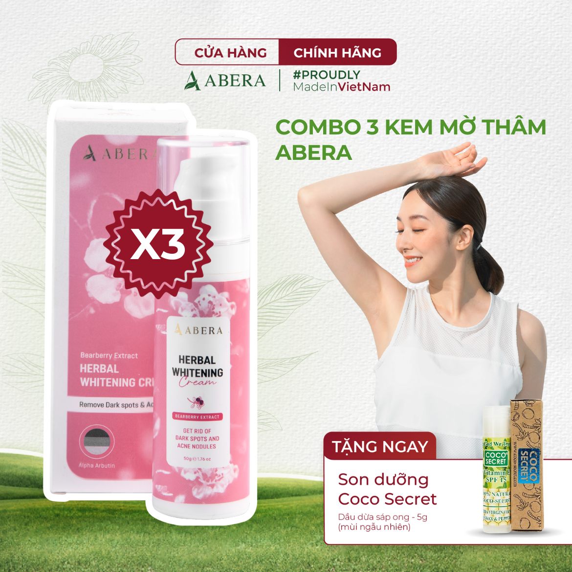 [COMBO 3] Kem Thâm Nách Abera 50ML- Mờ Giảm Thâm Vòng 3, Vùng Mông, Bẹn, Nách, Khuỷu Tay, Đầu Gối, Sau 21 Ngày