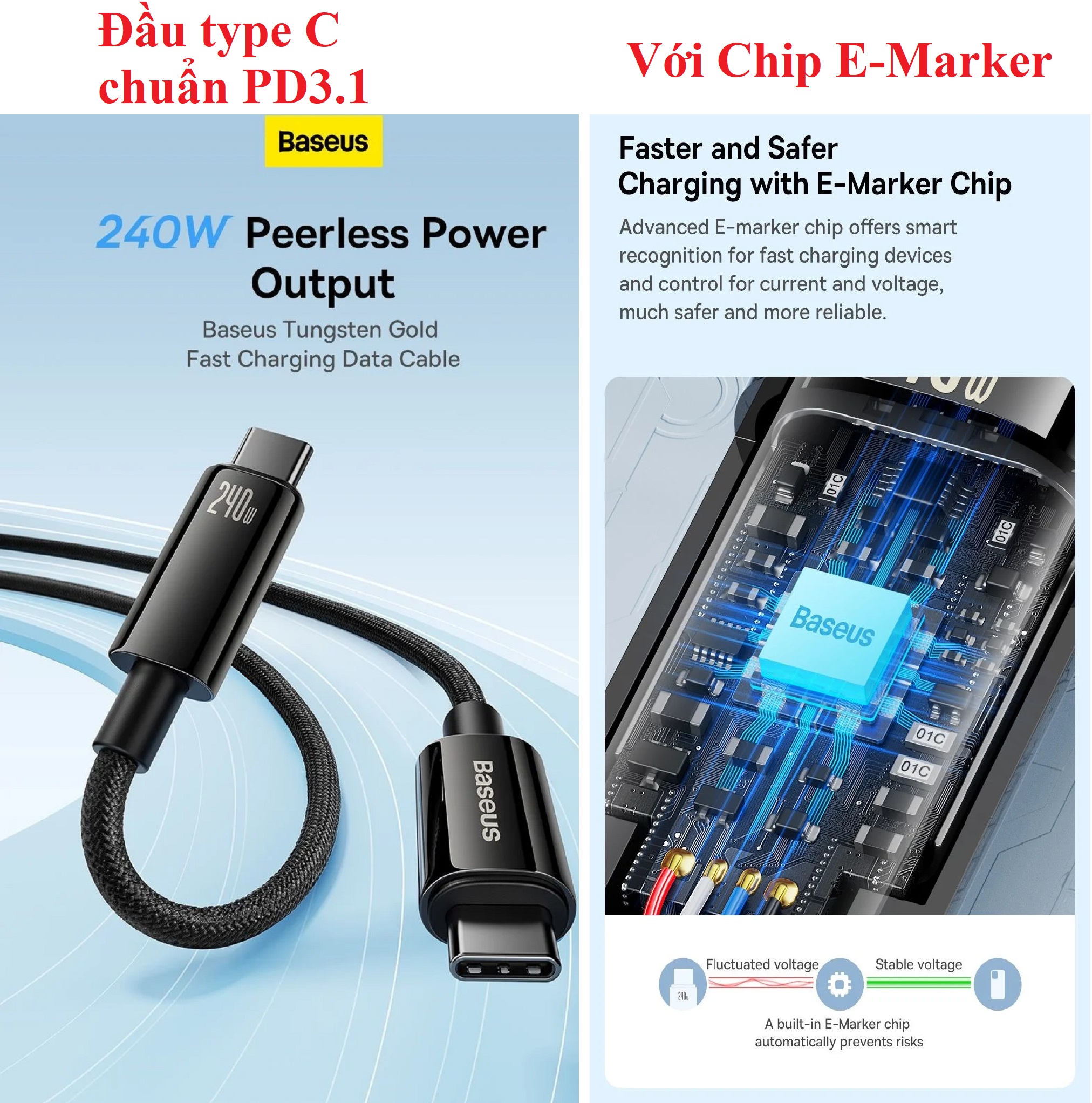 Cáp sạc nhanh 240W 2 đầu type C PD3.1 e-marker chip Baseus Tungsten Gold CB000038 _ Hàng chính hãng