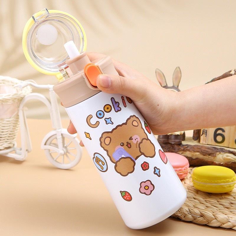 BÌNH NƯỚC GIỮ NHIỆT 500ML INOX 304 KHÔNG GỈ CÓ QUAI XÁCH DỄ THƯƠNG ĐÁNG YÊU TÍCH HỢP ỐNG HÚT GIỮ NHIỆT NÓNG LẠNH ĐẾN 12H