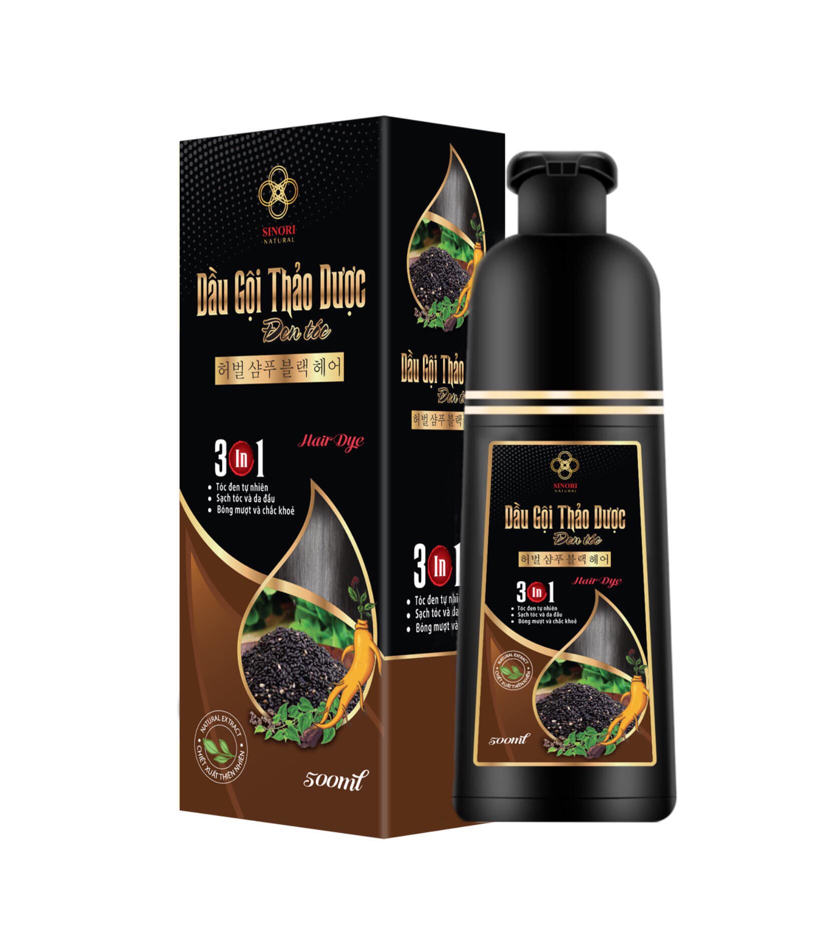 Dầu Gội Nhuộm Đen / Nâu Tóc SINORI Thảo Dược Chai 500 ml, Phủ Bạc Chiết Suất Từ Nhân Sâm, Hà Thủ Ô, Ngũ Bội Tử, Trắc Bạch Diệp, Vừng Đen Và Gừng, Hoàn Toàn Từ Thiên Nhiên