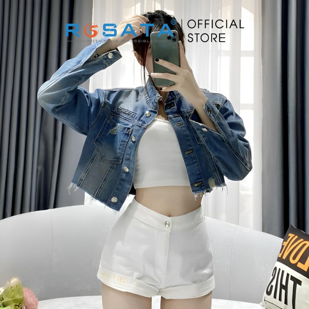 Áo Khoác Nữ ROSATA K35 Croptop Jeans Túi Hộp Cổ Trụ Tua Thời Trang Dài Tay Màu Xanh Freesize Cao Cấp Xuất Xứ Việt Nam