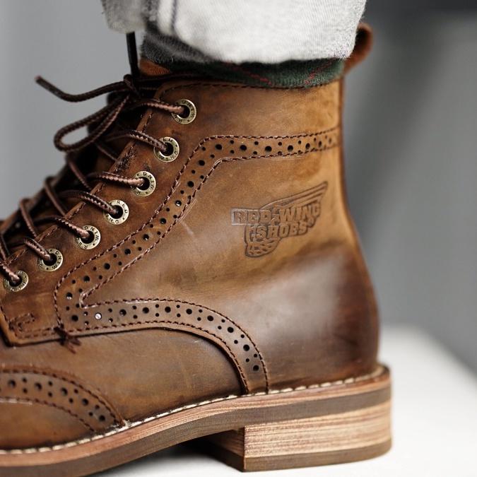 Giày boot nam da sáp cao cổ màu nâu WINGTIP RW ZIP, giày da thật cổ điển khoá kéo TONKIN