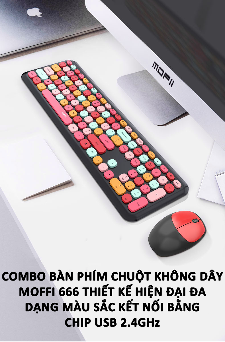 Combo bàn phím chuột không dây MOFII 666 thiết kế hiện đại đa dạng màu sắc kết nối bằng chip USB 2.4GHz