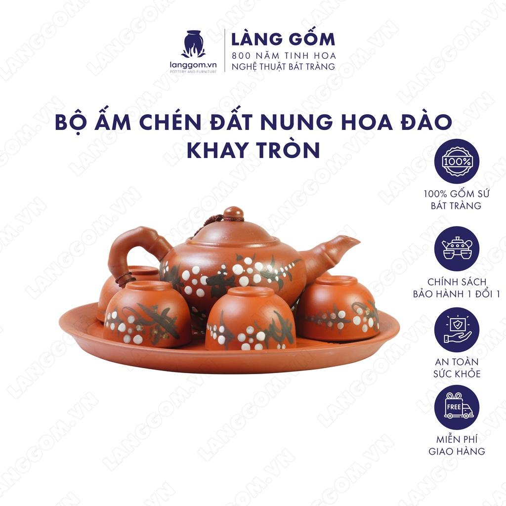 Bộ ấm chén đất nung Hoa đào + khay tròn - Men mộc - Gốm sứ Bát Tràng - langgom.vn