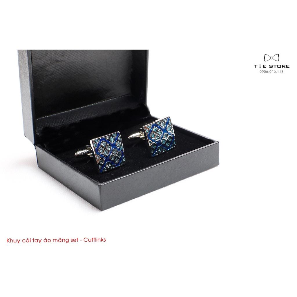 Khuy Cài tay áo Măng Set cao cấp đính đá - cufflinks , tặng kèm hộp nhỏ, xanh họa tiết cổ