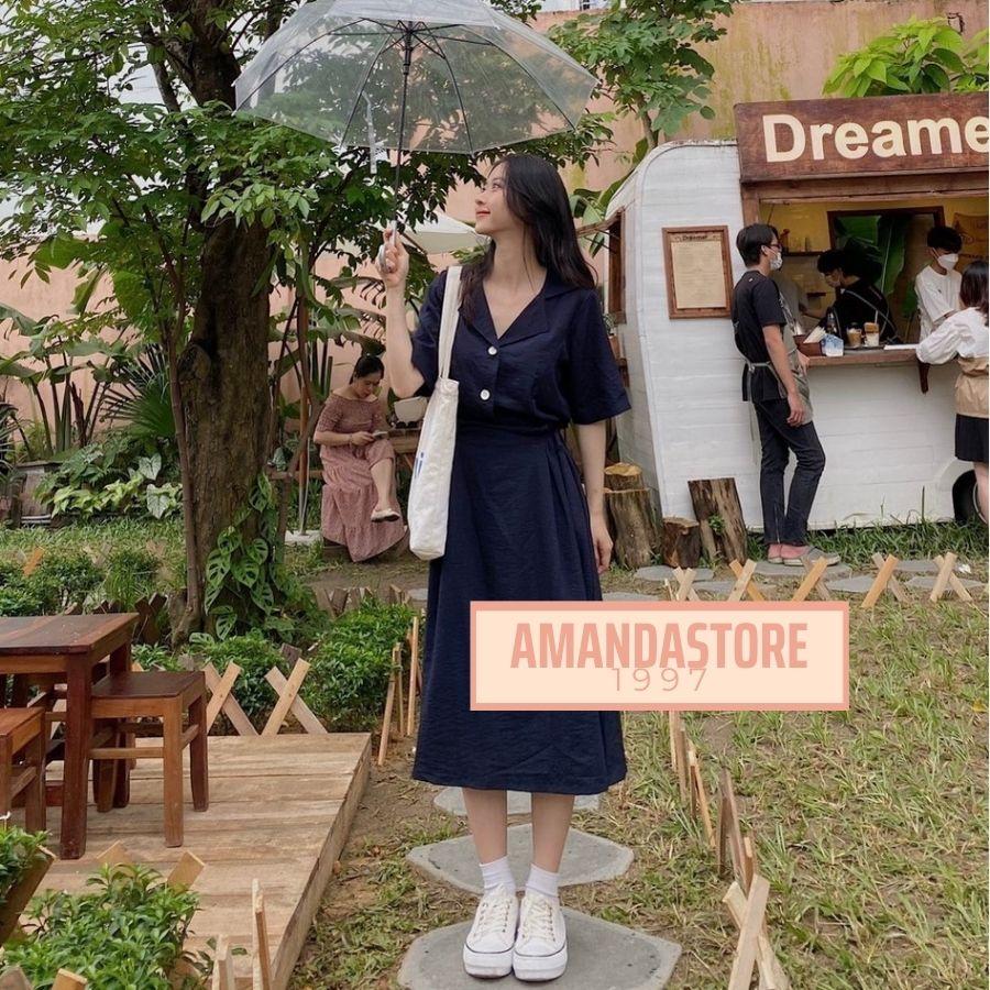 Set sơ mi cộc tay cổ vest kèm chân váy chữ A chun sau buộc nơ hông điệu đà. Set áo váy HOTHIT chất đũi mát 3 màu