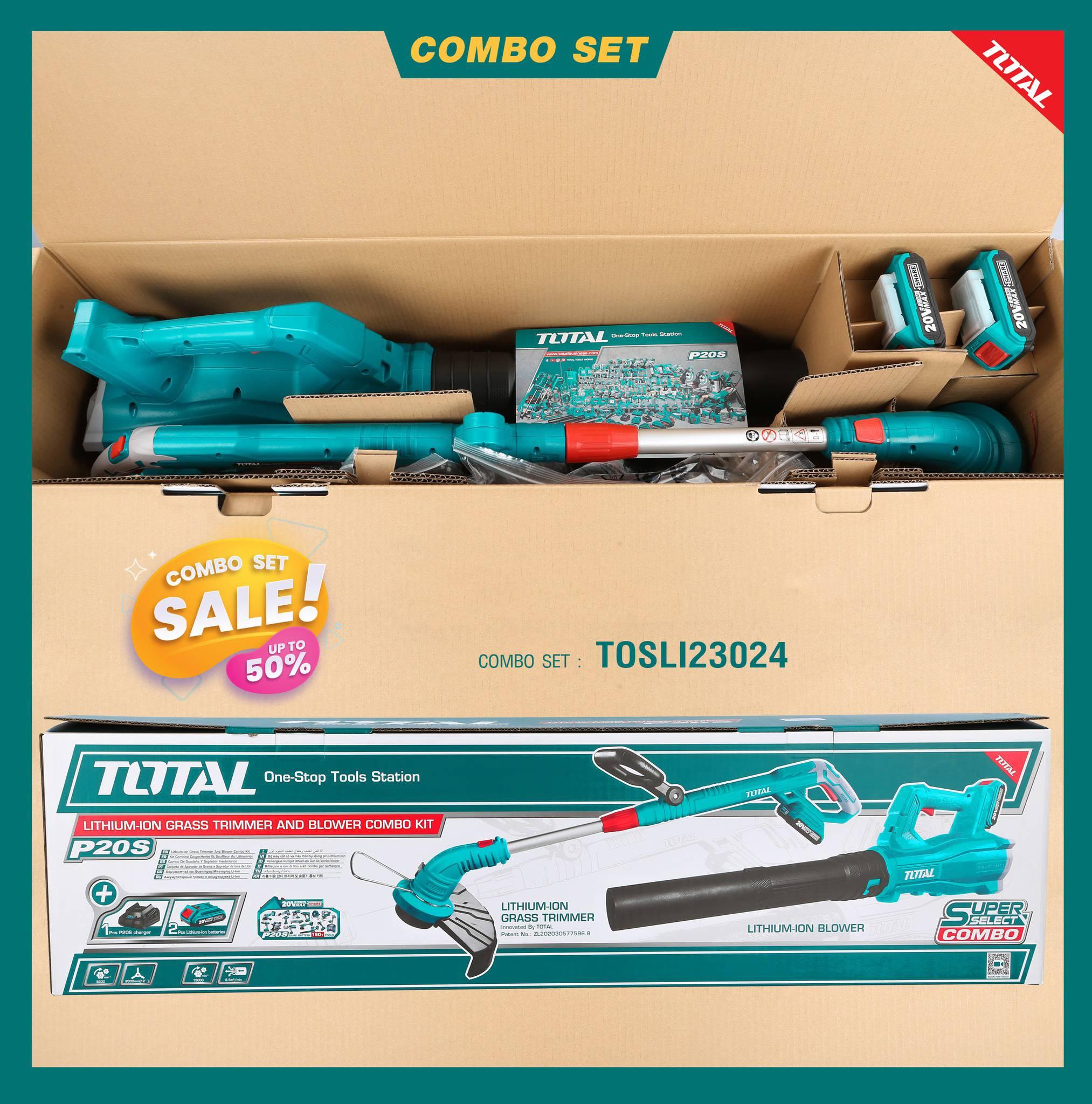 BỘ COMBO MÁY CẮT CỎ TGTLI20018 VÀ MÁY THỔI BỤI TABLI20323 DÙNG PIN 20V (2 pin 2.0Ah + sạc) TOTAL TOSLI23024 - HÀNG CHÍNH HÃNG