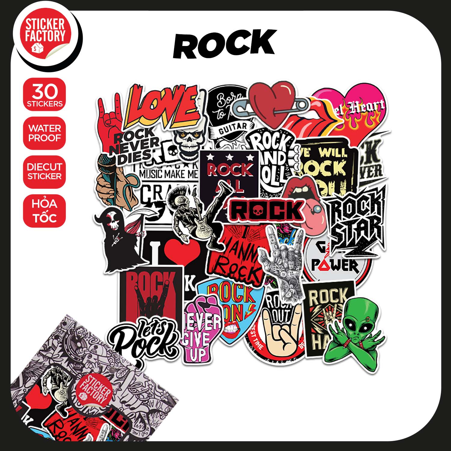 Rock - Set 30 sticker decal hình dán nón bảo hiểm, laptop, xe máy, ô tô - STICKER FACTORY
