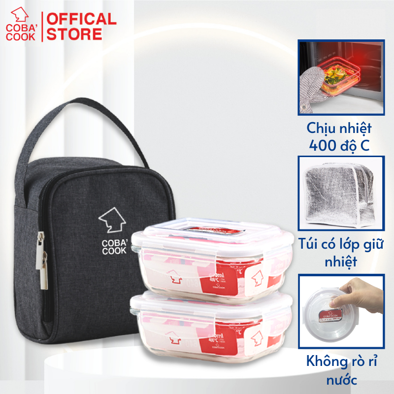 Bộ 2 hộp đựng cơm, trữ thức ăn thủy tinh cường lực chịu nhiệt COBA'COOK 2 hộp chữ nhật 640ml và 1 túi giữ nhiệt- CCL62BS