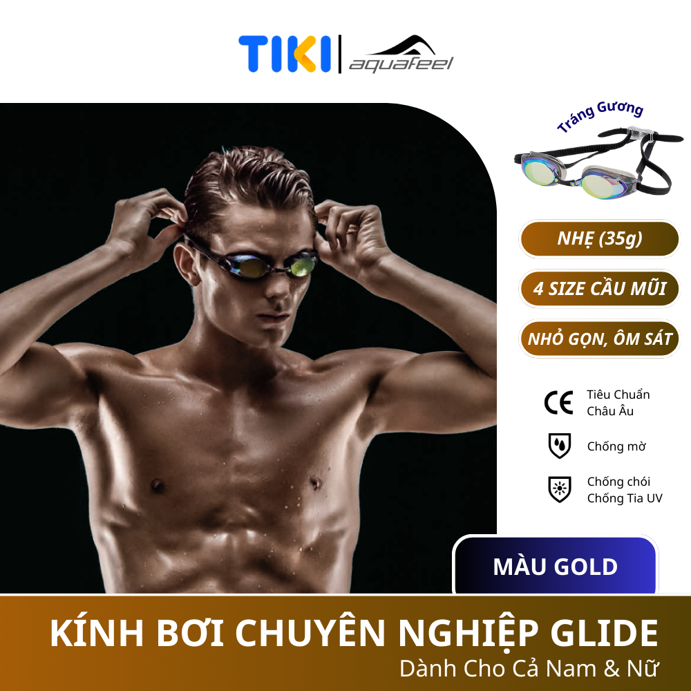 Kính Bơi Chuyên Nghiệp Nhập Khẩu Từ Đức Aquafeel Dòng Glide Mirrored Siêu Nhẹ, Tiêu Chuẩn Châu Âu, Phù Hợp Để Tập Luyện Và Thi Đấu Dành Cho Nam, Nữ, Trẻ Em Nhiều Độ Tuổi Freesize - Vàng Gold