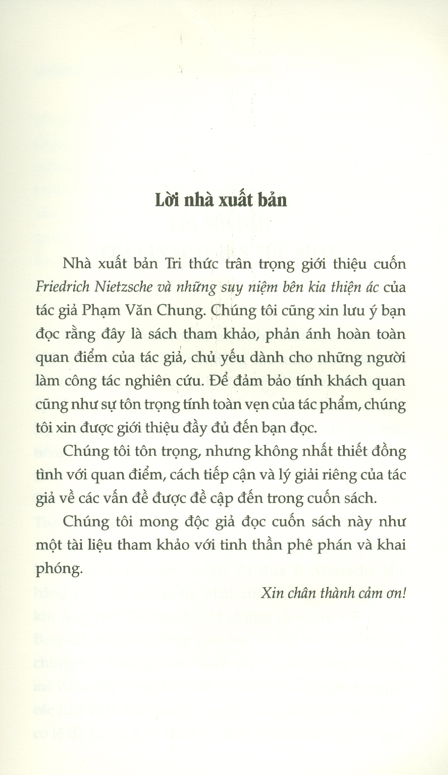 FRIEDRICH NIETZSCHE VÀ NHỮNG SUY NIỆM BÊN KIA THIỆN ÁC - Phạm Văn Chung – NXB Tri Thức