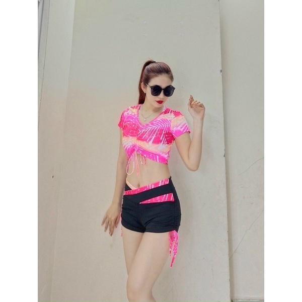 Set bộ đồ tập áo croptop quần đùi rút dây cạp V tập gym, nhảy aerobic nữ
