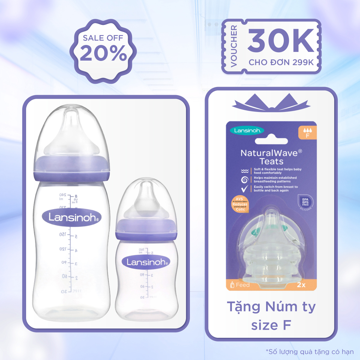 2 Bình Sữa Cổ Rộng Lansinoh 160ml +240ml TẶNG 1 Núm Vú Cổ Rộng Lansinoh Size F