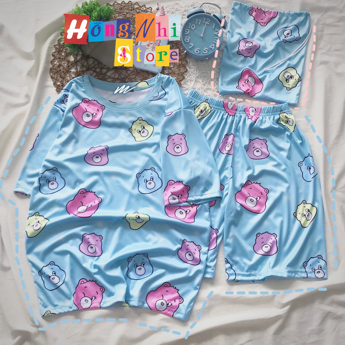 Bộ Thun Ngủ Hoạt Hình Tay Lỡ Kèm Túi Vải Phối Quần Short Oversize Ulzzang Dáng Rộng - MM
