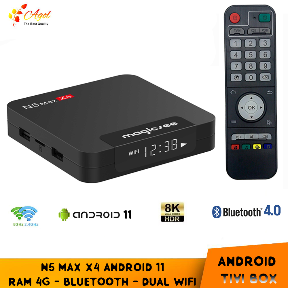 Android tivi box MAGICSEE N5 MAX X4 Ram 4G Android 11, S905X4, wifi 2 băng tần, bluetooth cài sẵn phim HD, truyền hình cáp miễn phí vĩnh viễn - Hàng nhập khẩu